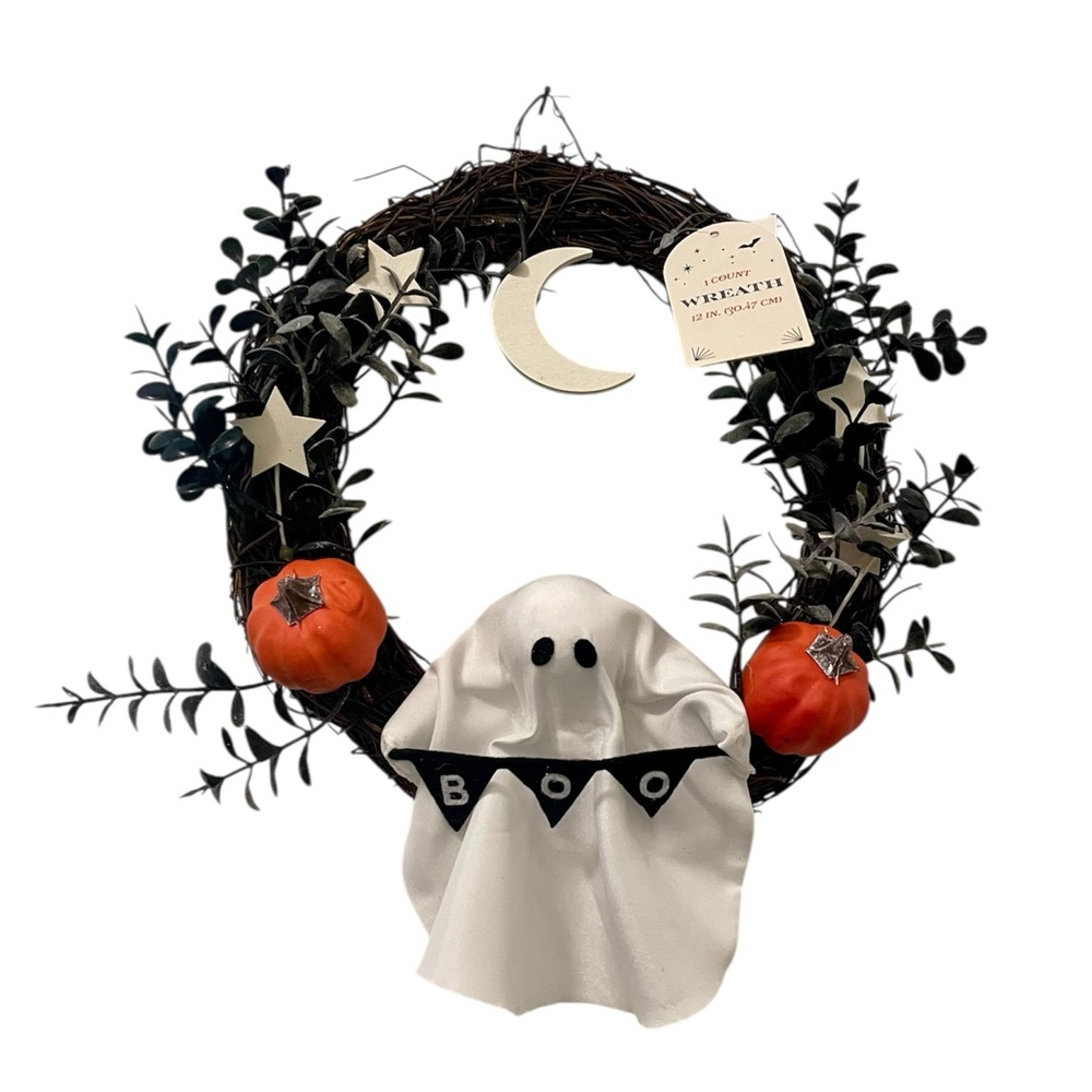 Ghost Wreath with Mini Pumpkins, Moon and Stars